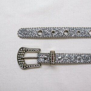 y2k white rhinestone western buckle glitter belt — 2000s glam rock style